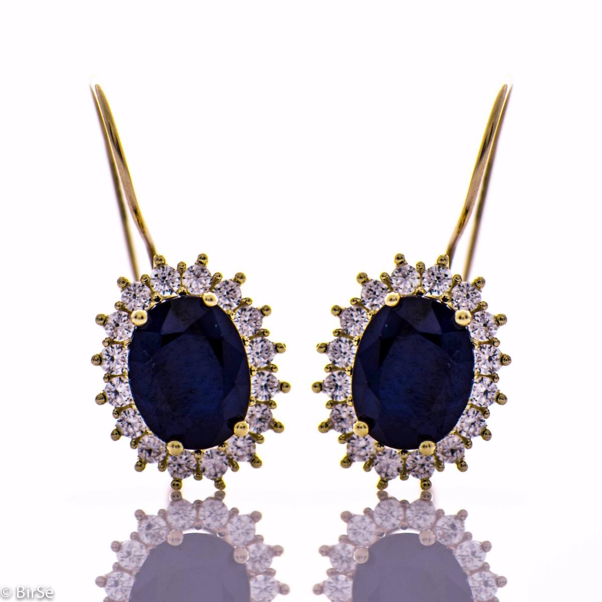 Величествени Златни Обеци с Естествен Сапфир и Циркони