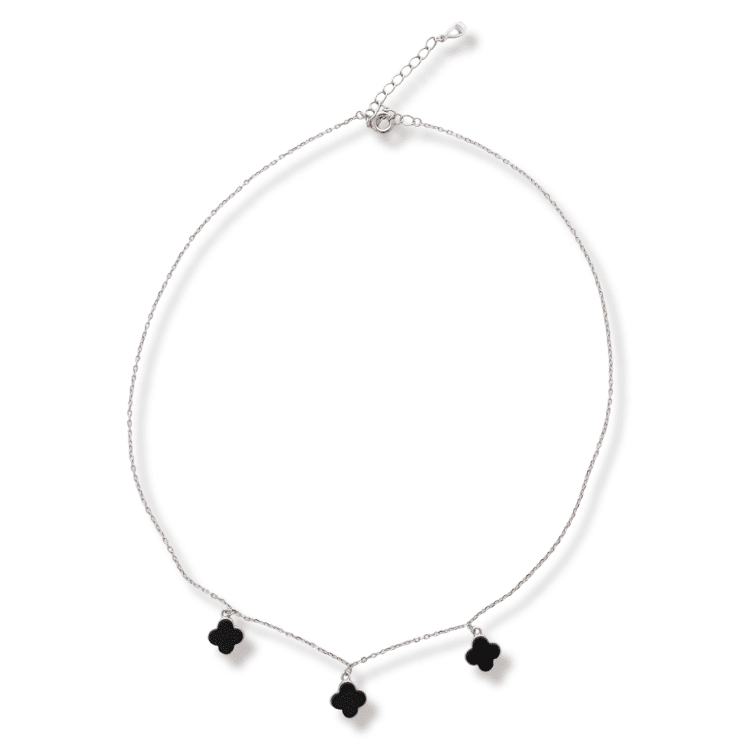 Изящно Колие от Родирано Сребро и Нежни Детелини от Оникс