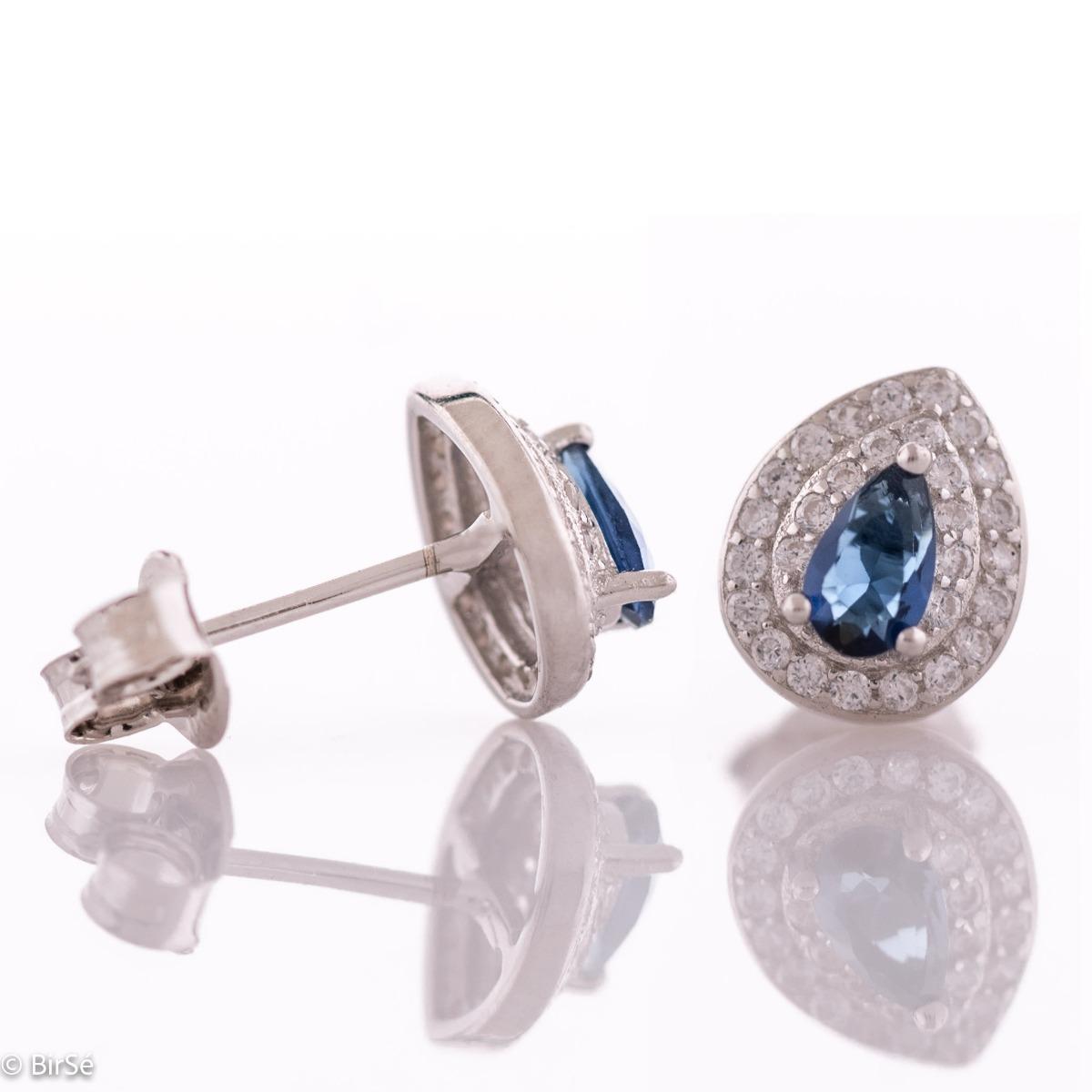 Кралски Сребърни Обеци Капка Сапфир и Два Реда Бели Циркони