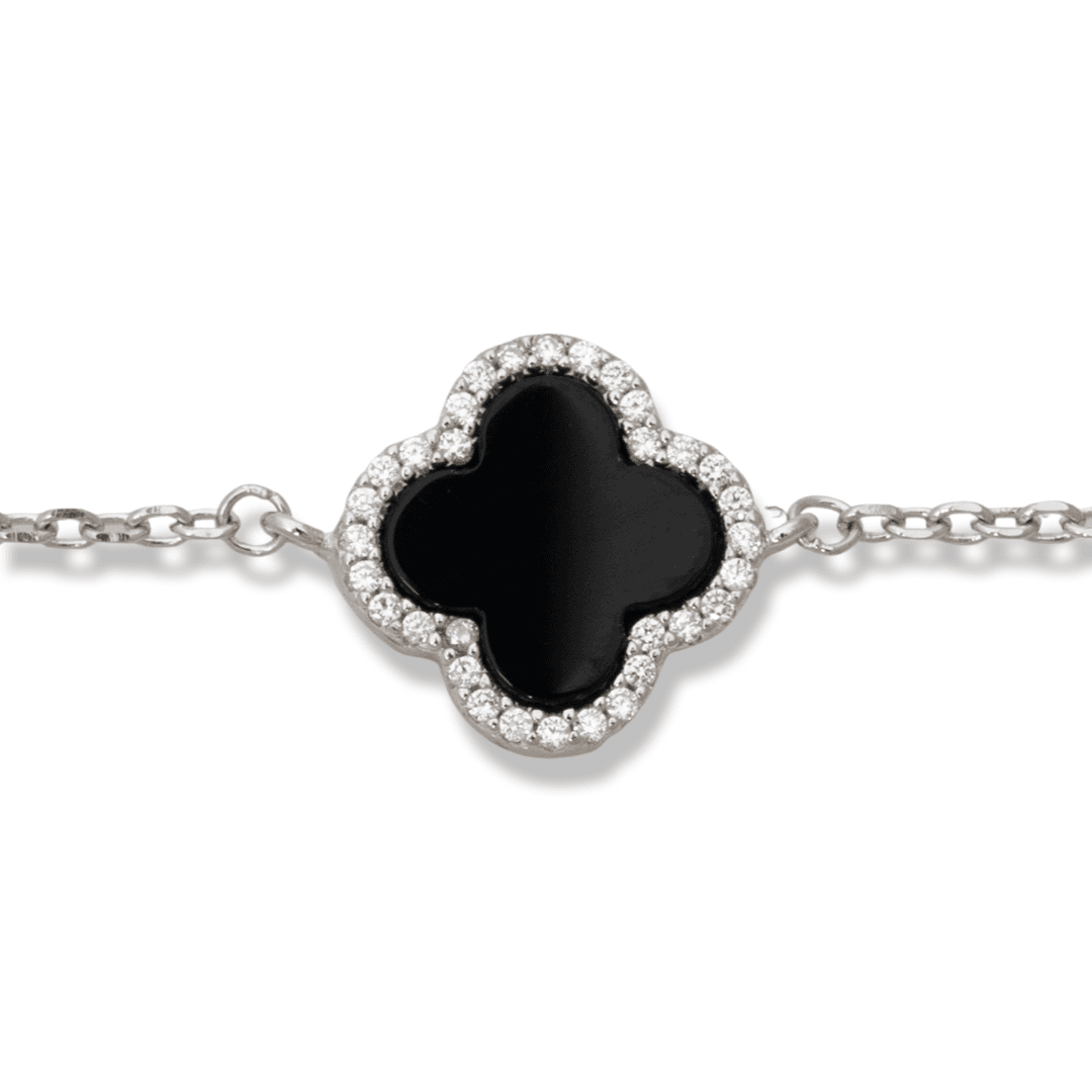 Фина Гривна от Родирано Сребро с Детелина от Оникс и Циркони