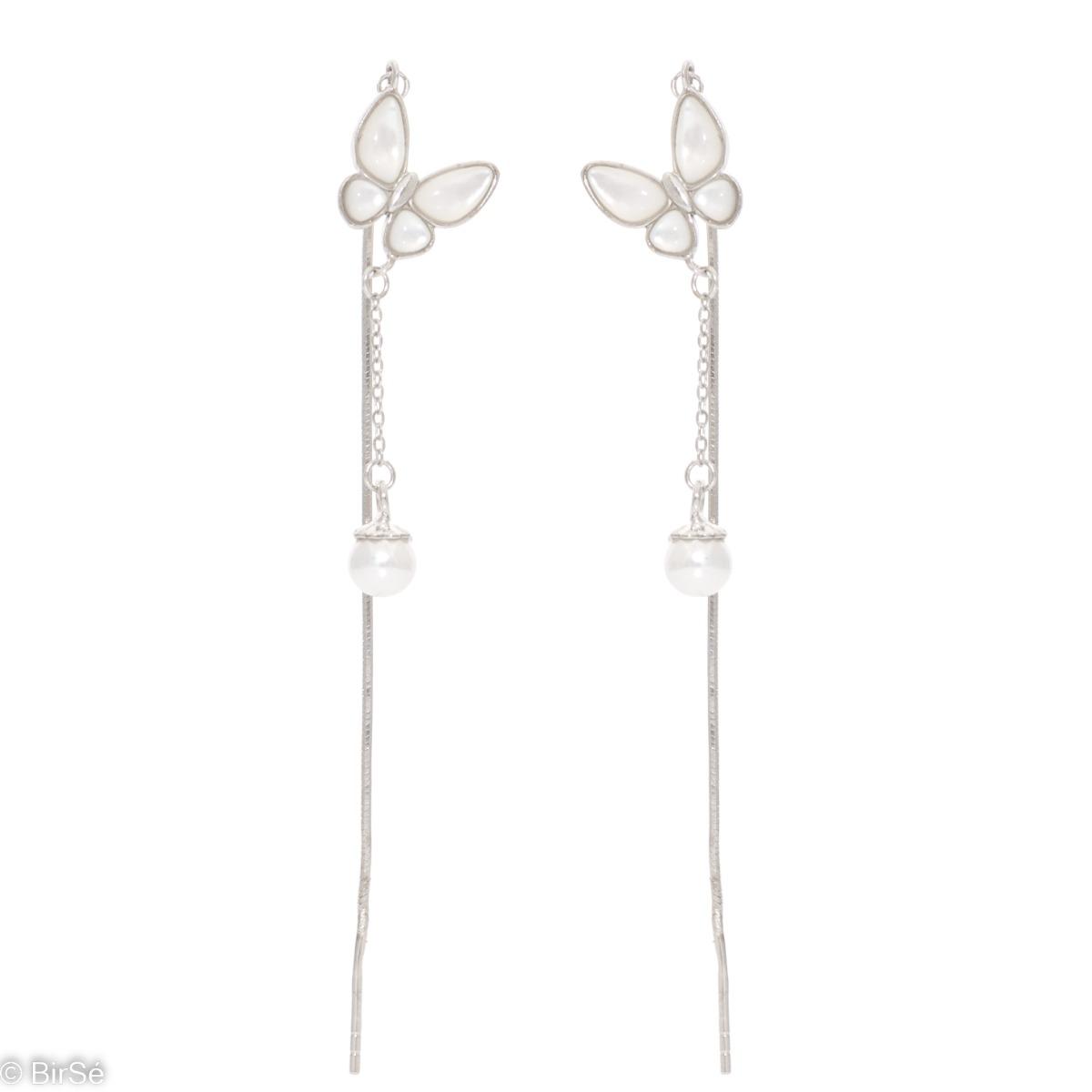 Ефектни Висящи Обеци с Пеперуди Сребро и Седеф