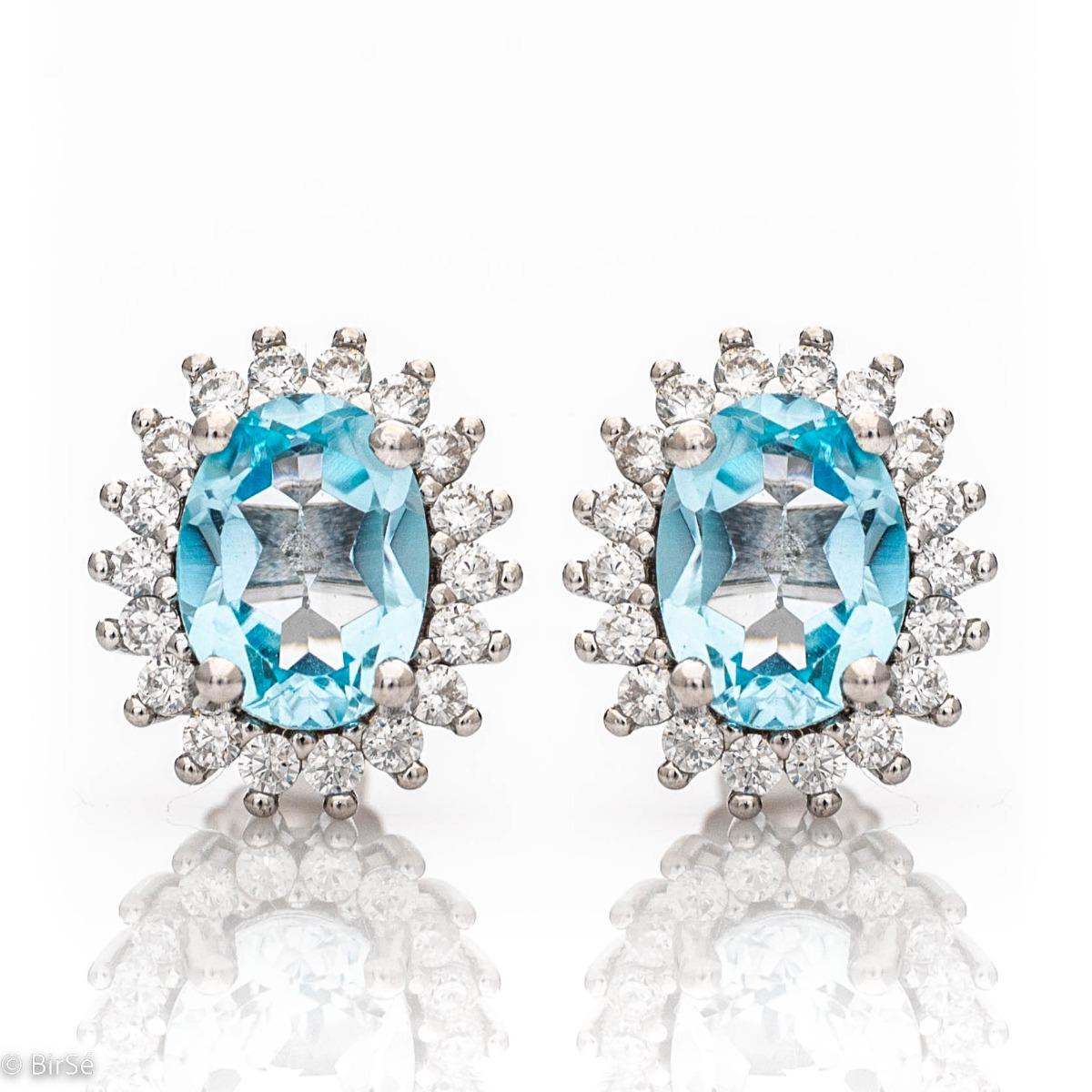 Нежни Сребърни Обеци с Естествен Син топаз и Циркони 3,20 ct.