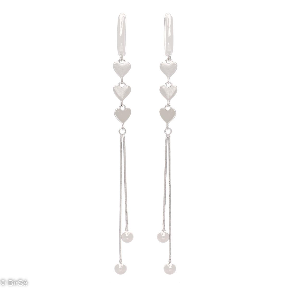 Нежни Висящи Обеци с Топчета и Сърца от Родирано Сребро