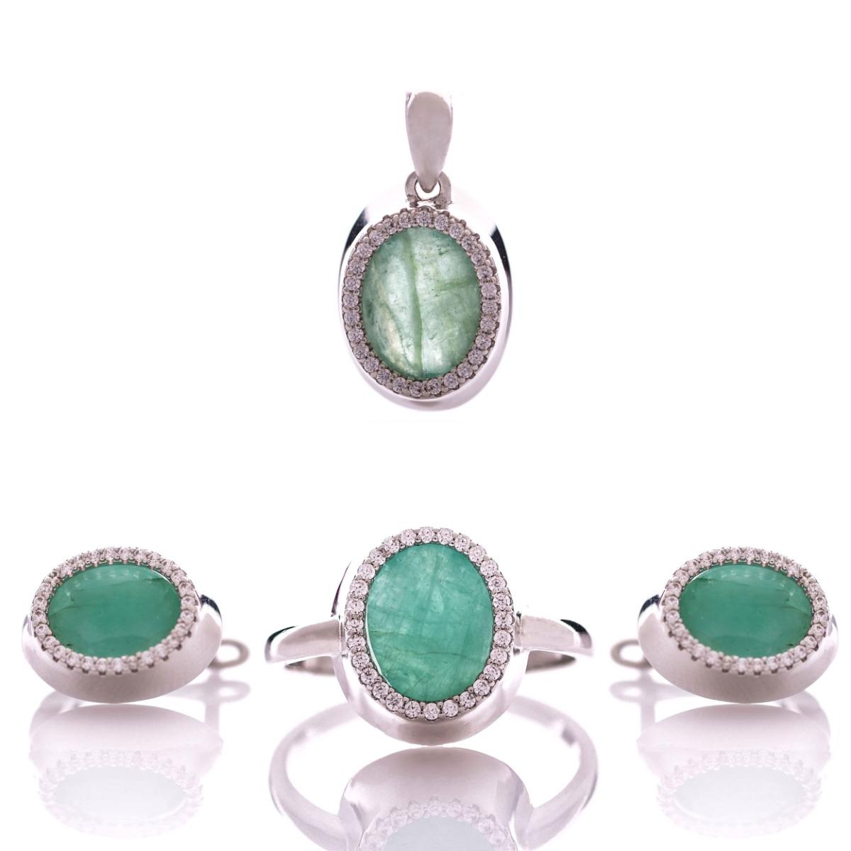 Сребърен Комплект с Естествен Изумруд и Циркони