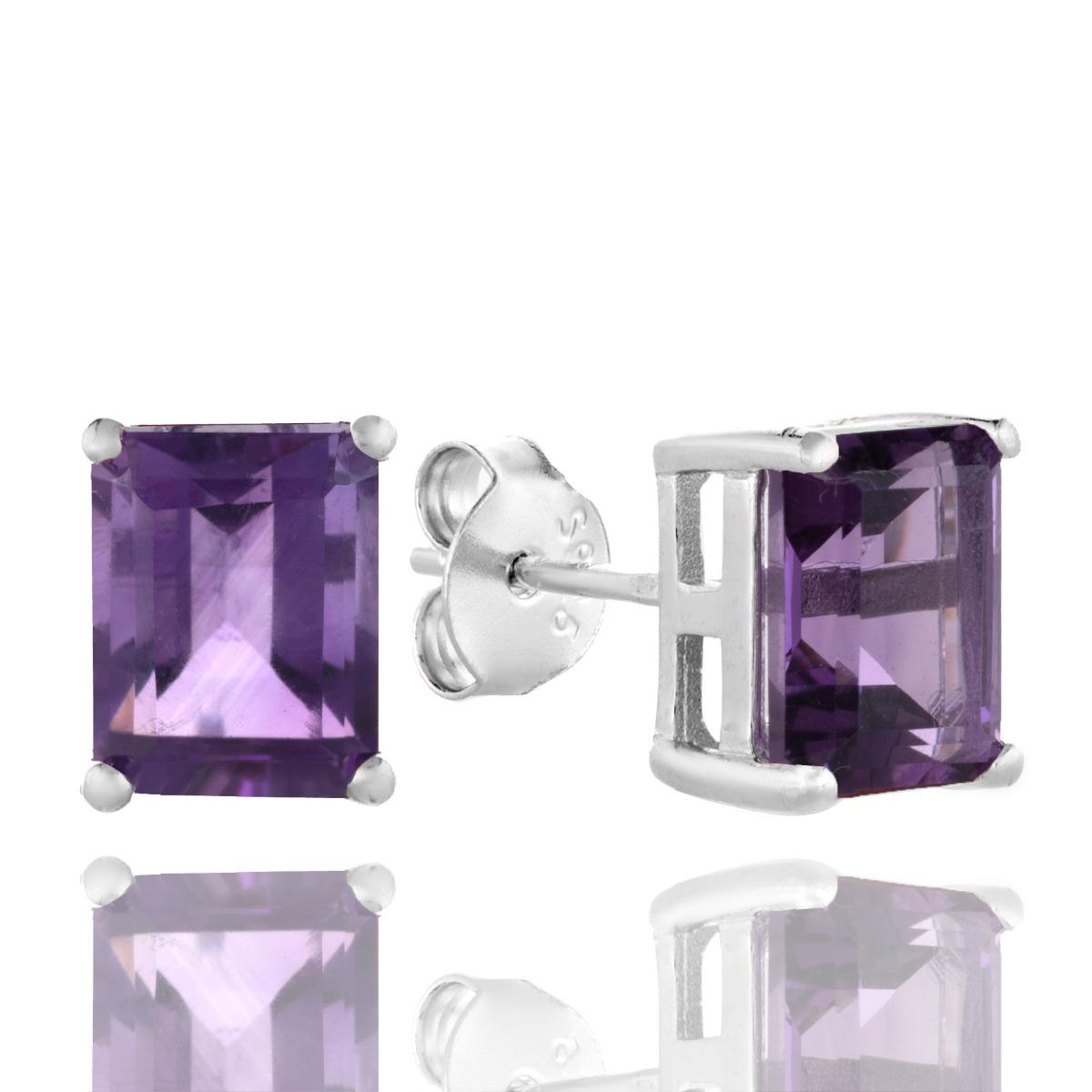 Сребърни Обеци - Багет Естествен Аметист
