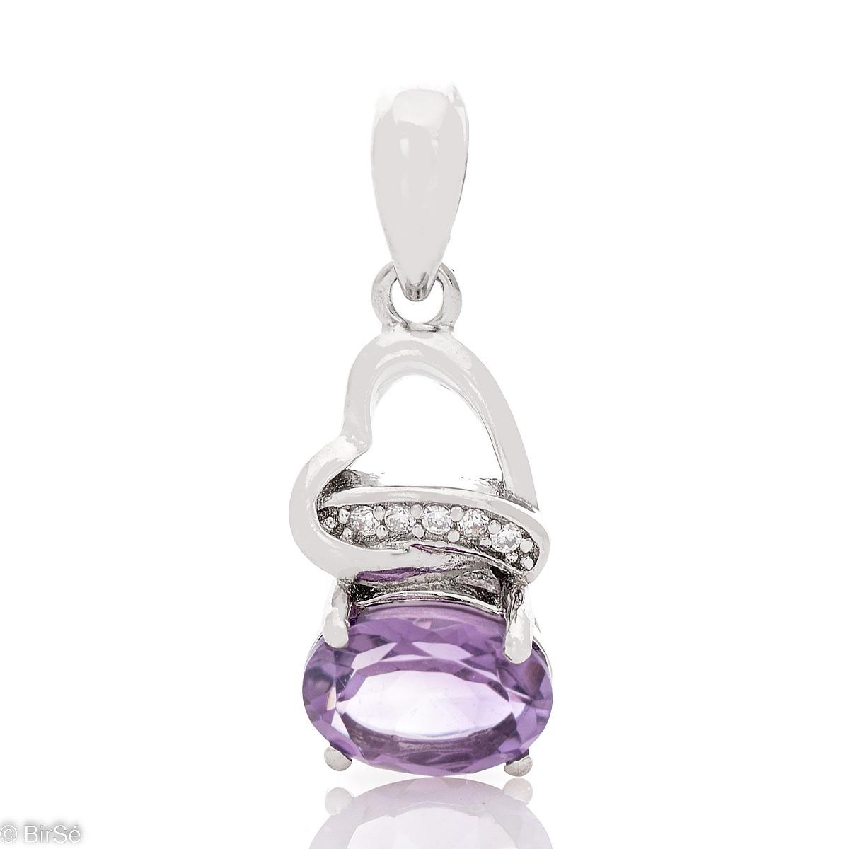Сребърна Висулка Сърце с Естествен Аметист