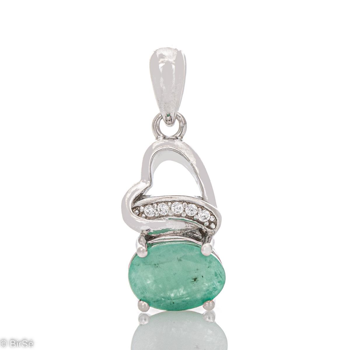 Сребърна Висулка Сърце с Естествен Изумруд