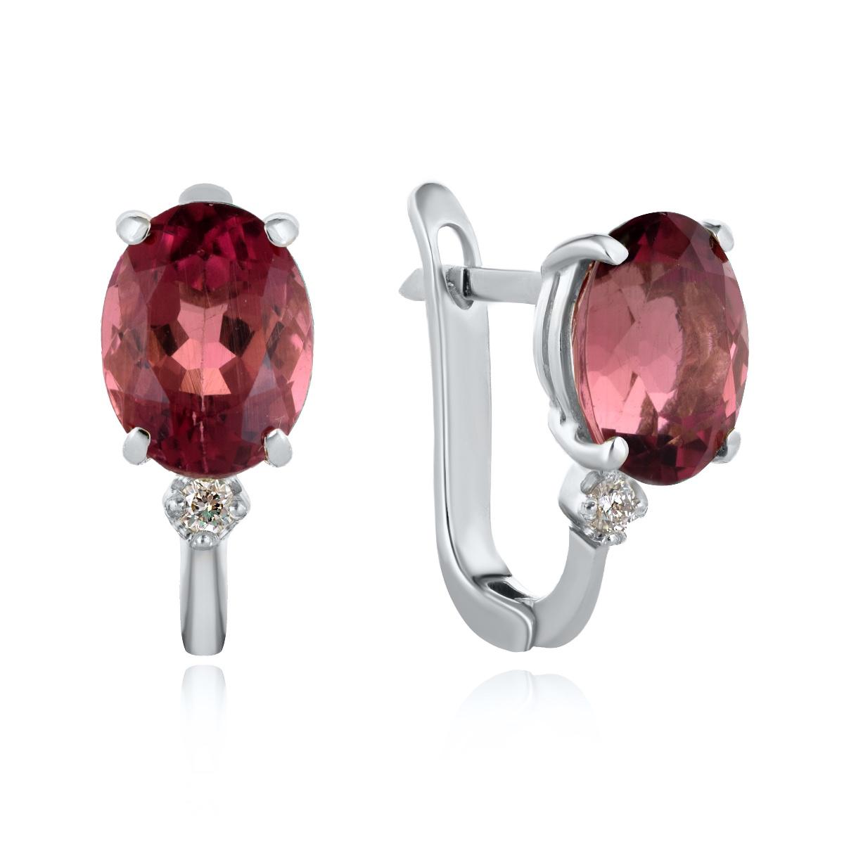 Обеци от Бяло Злато с Диаманти и Естествен Розов Турмалин