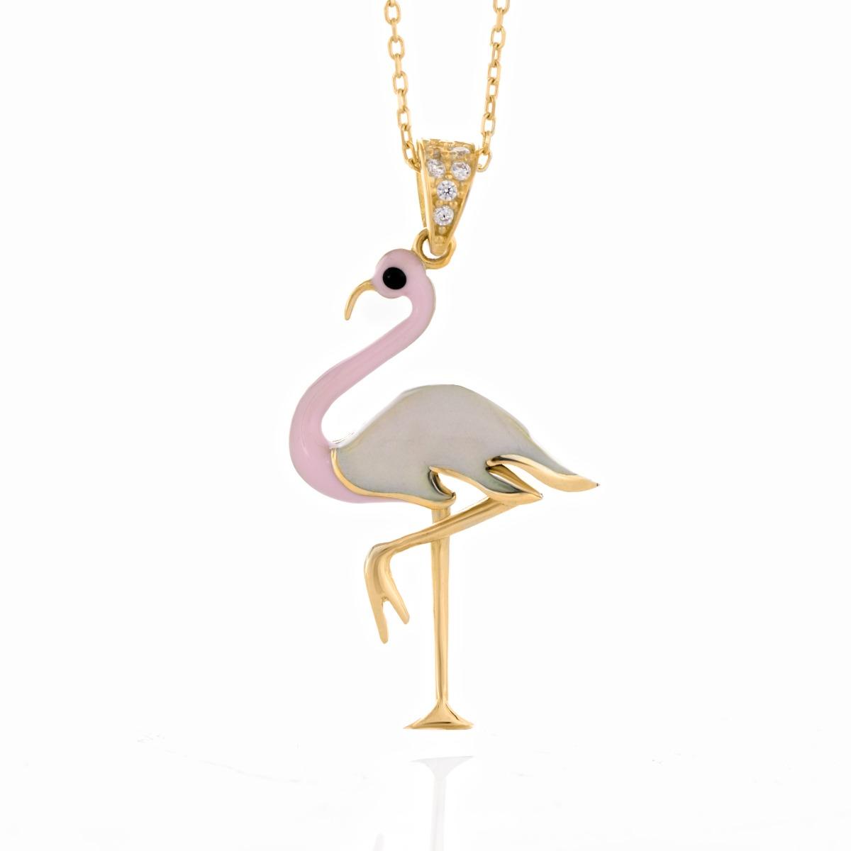 Златно Дамско Колие с Розово Фламинго