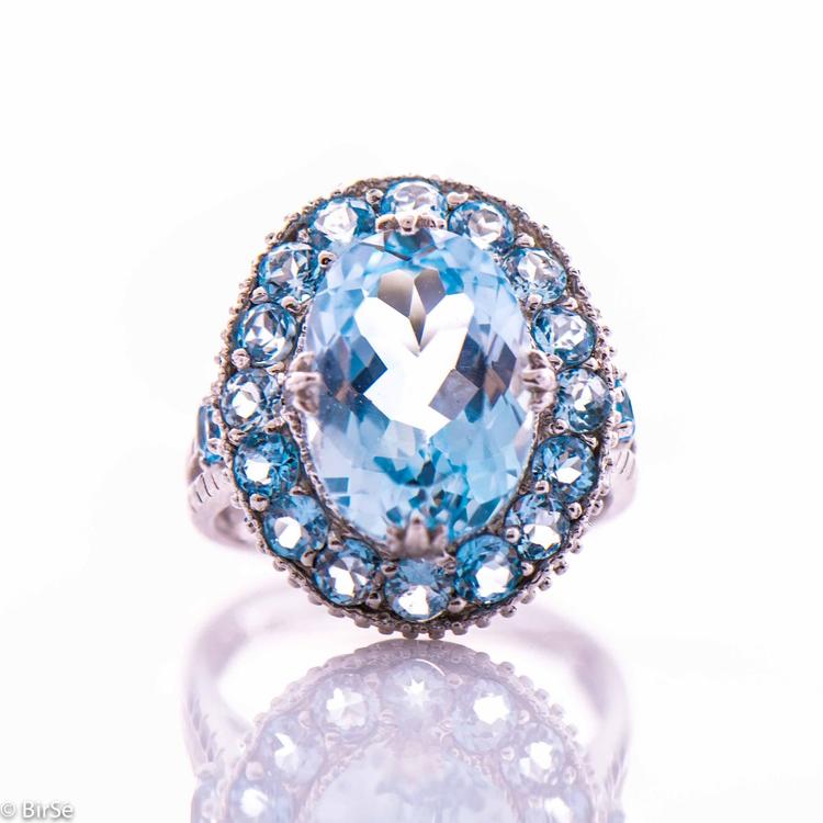 Сребърен пръстен - Естествен син топаз