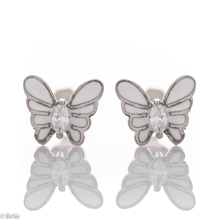 Сребърни обеци - Бели пеперуди