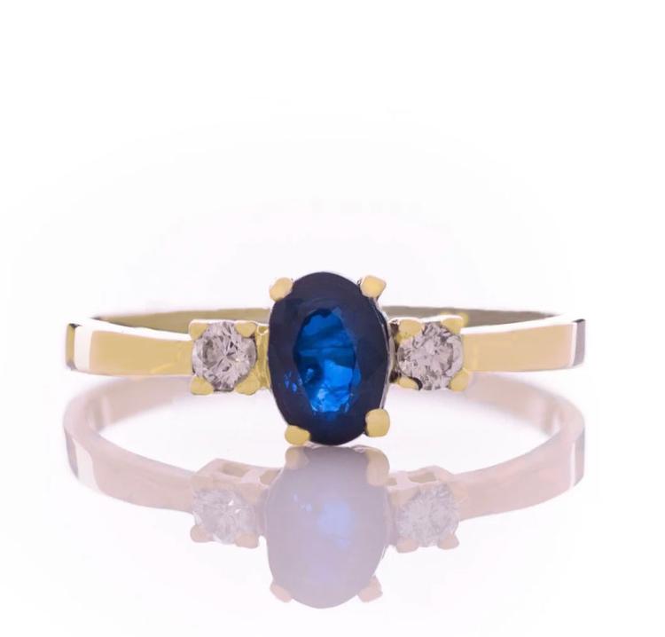 Златен пръстен - Естествен сапфир и диамант