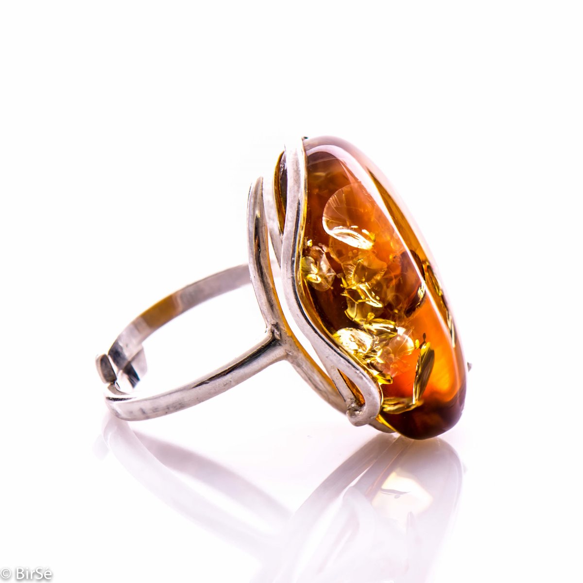 Сребърен пръстен - Естествен кехлибар