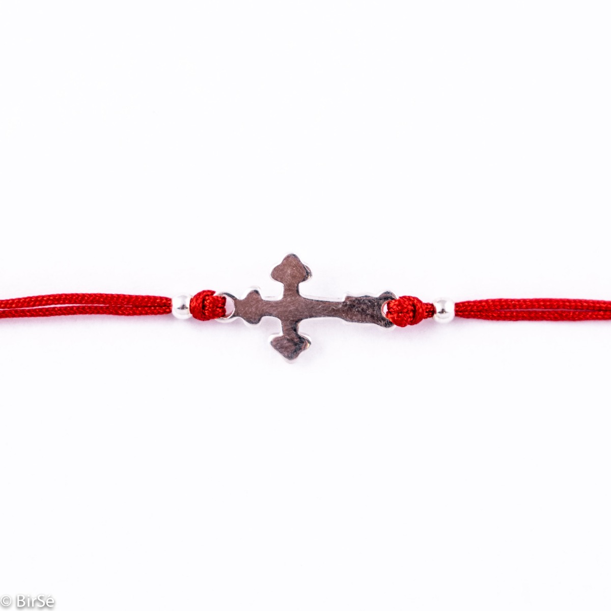 Сребърна гривна с червен конец - Кръст